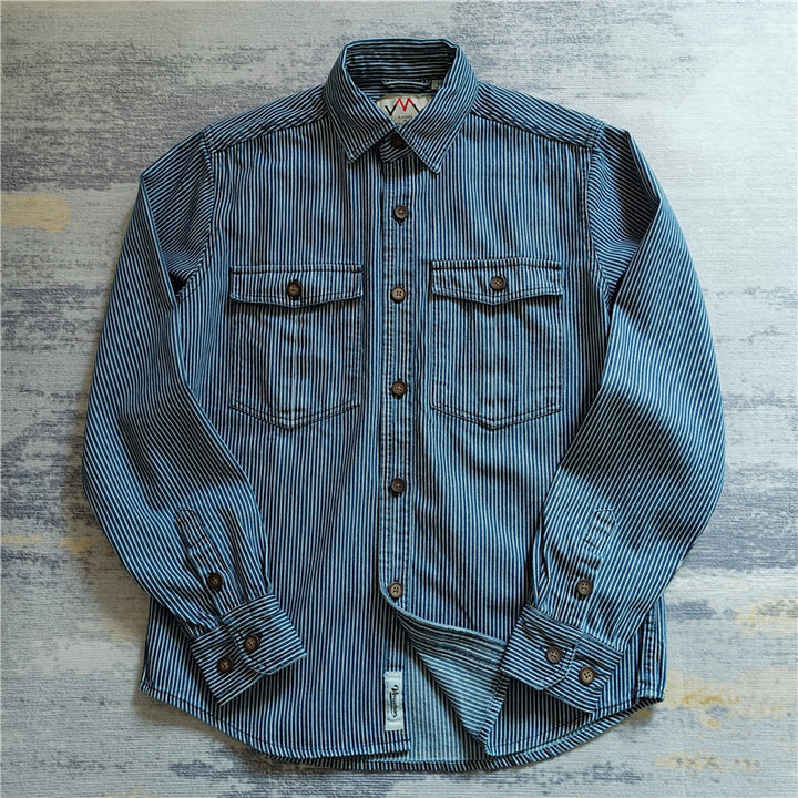 Men's Striped Cotton Worker Shirt with Patch Chest Pockets and Full Button Placket Mune Fashion