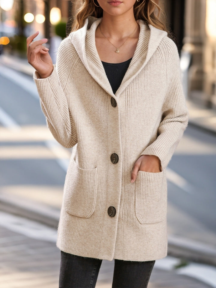 Women's long ribbed hooded cardigan with patch pockets and distinctive buttons Mune Fashion