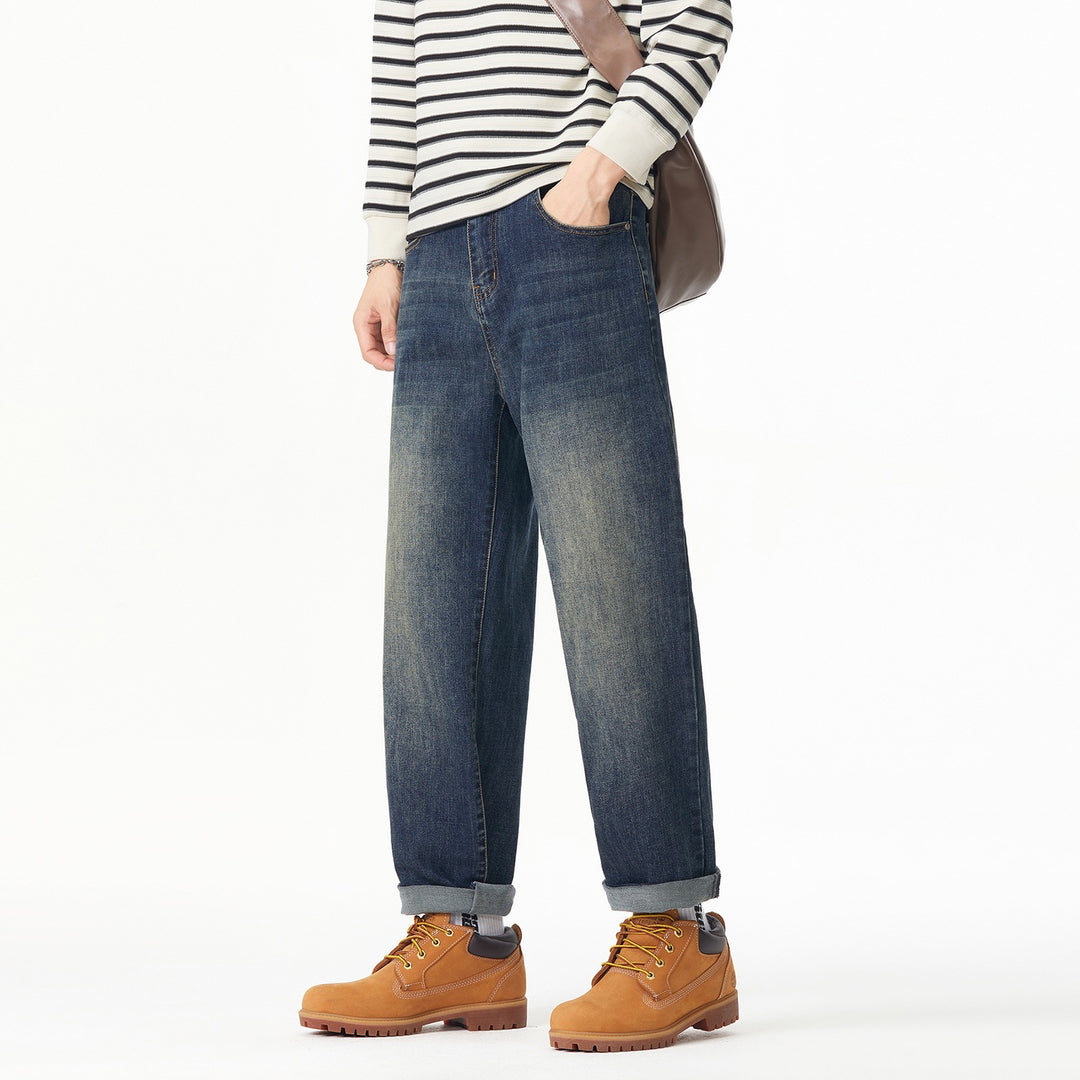 Men's Loose Straight Cut Denim Jeans with Used Wash and Cuffed Waistband Mune Fashion