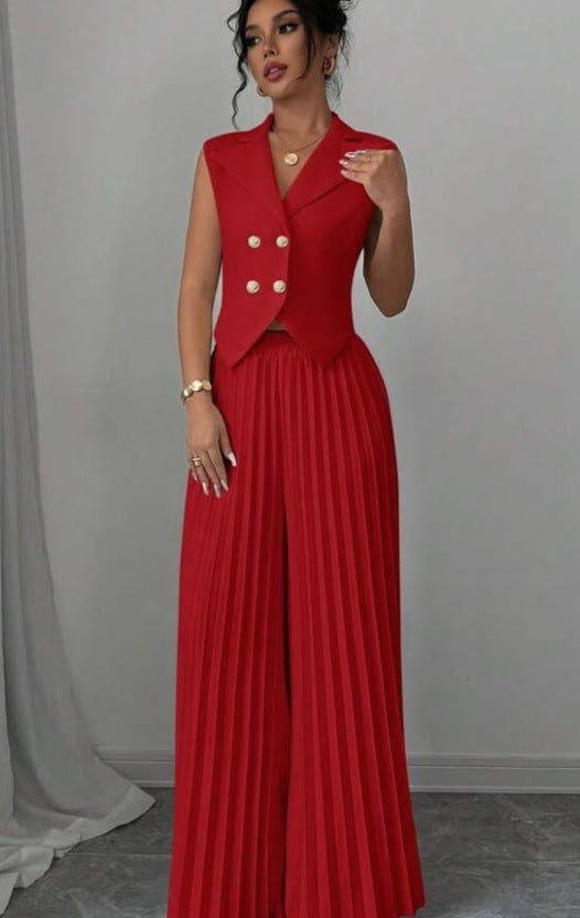 Women's Sleeveless Vest Blazer Top with Lapel and Pleated Palazzo Pants Two-Piece Evening Set Mune Fashion