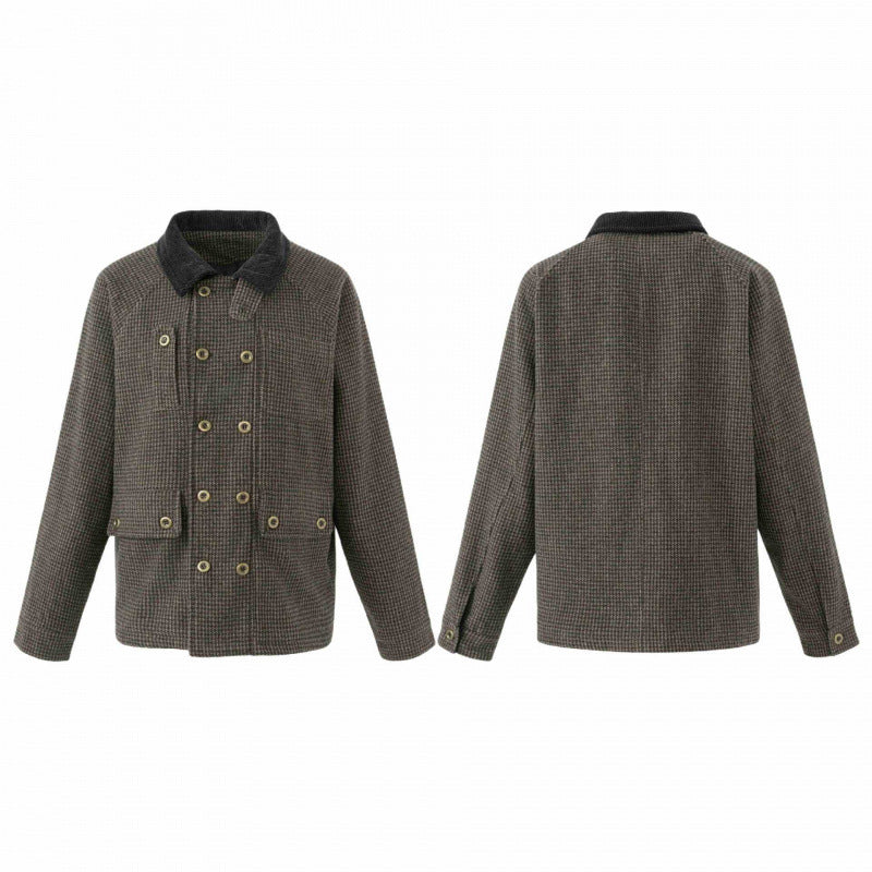 Men's Double-Breasted Wool Mix Field Jacket in Houndstooth with Corduroy Collar and Flap Pockets Mune Fashion