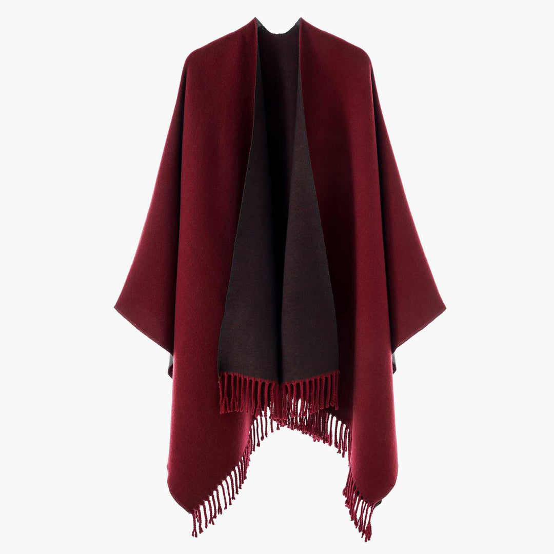 Ladies Elegant Collar Poncho with Lapel Look and Fringe Trim Mune Fashion