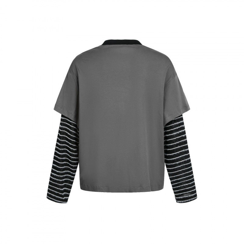 Women layered look long sleeve with graphic print, striped insert sleeves and decorative shoulder straps Mune Fashion