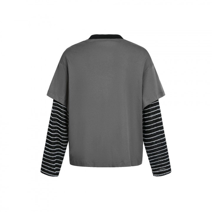 Women layered look long sleeve with graphic print, striped insert sleeves and decorative shoulder straps Mune Fashion