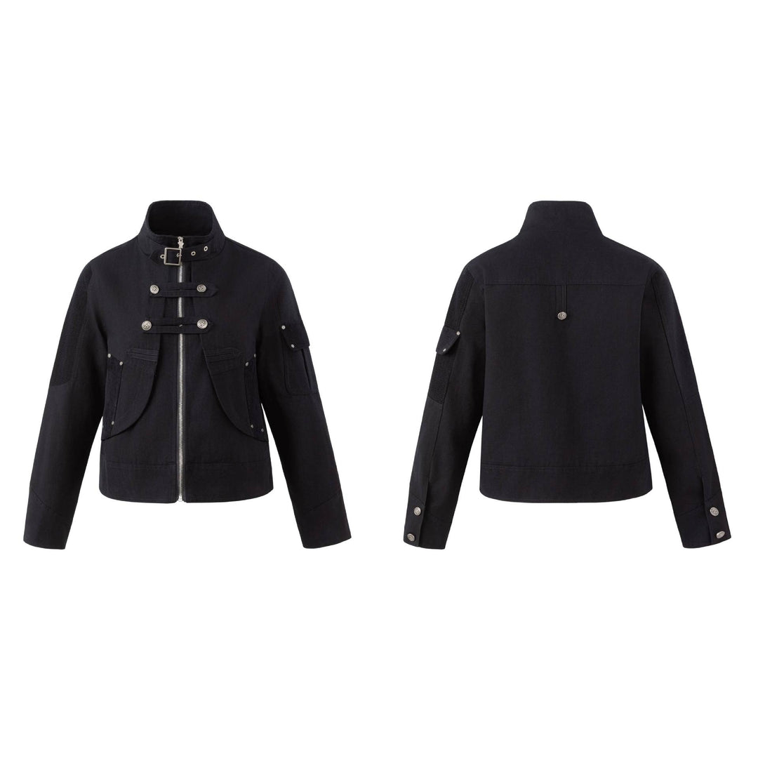 Men's military-inspired short jacket with stand-up collar, belt straps, and decorative flap pockets Mune Fashion