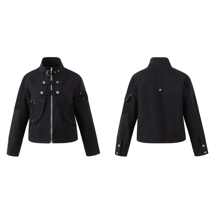 Men's military-inspired short jacket with stand-up collar, belt straps, and decorative flap pockets Mune Fashion