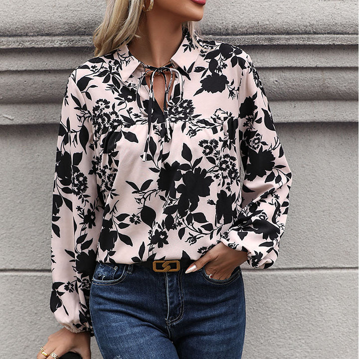 Women's Flowing Viscose Blouse with Floral Print, Ties Collar and Gathered Yoke