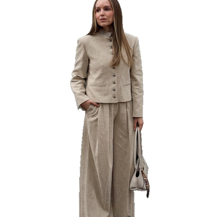 Women's stand collar jacket with metal buttons and wide pleated trousers Mune Fashion