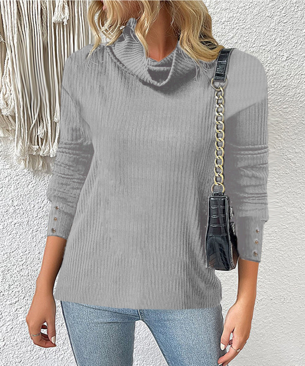 Women's Ribbed Turtleneck Sweater with 3/4 Sleeves and Decorative Button Placket Mune Fashion