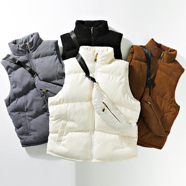 Men's Quilted Cord Sleeveless Thermal Vest with Stand Collar and Integrated Crossbody Bag Mune Fashion