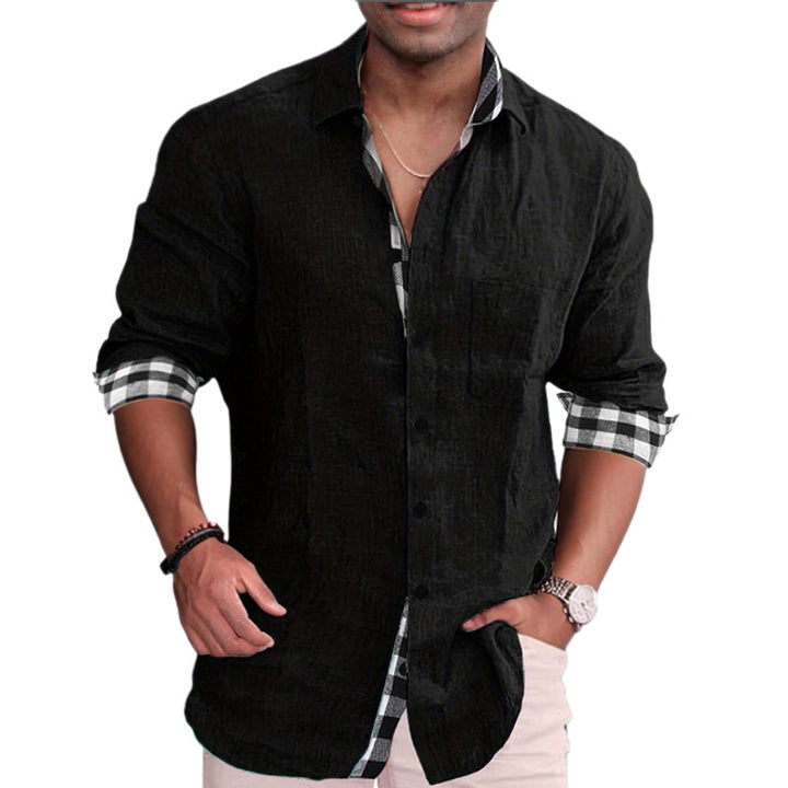 Men's linen mix casual shirt with contrasting check cuffs and a patch breast pocket Mune Fashion
