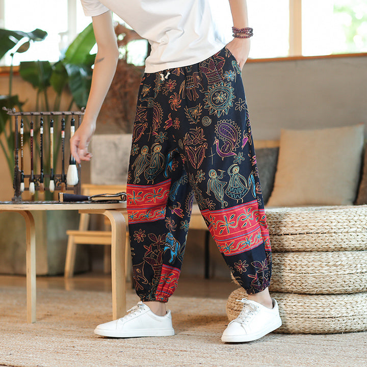 Men's Wide Harem Pants in Boho Print with Elastic Drawstring and Ruffled Anklebands Mune Fashion