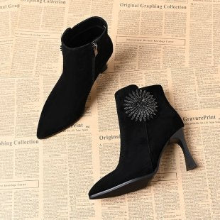 Women Elegant Suede Ankle Boots with Glitter Pin Mune Fashion