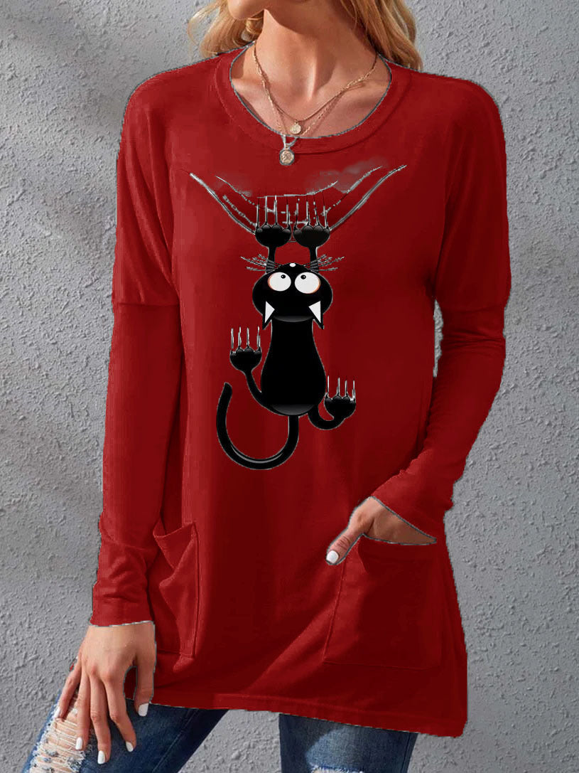 Women’s Longer Cotton Blend Tunic Shirt with Cartoon Cat Print and Side Pockets Mune Fashion