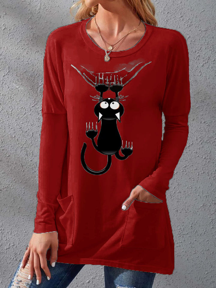 Women’s Longer Cotton Blend Tunic Shirt with Cartoon Cat Print and Side Pockets Mune Fashion