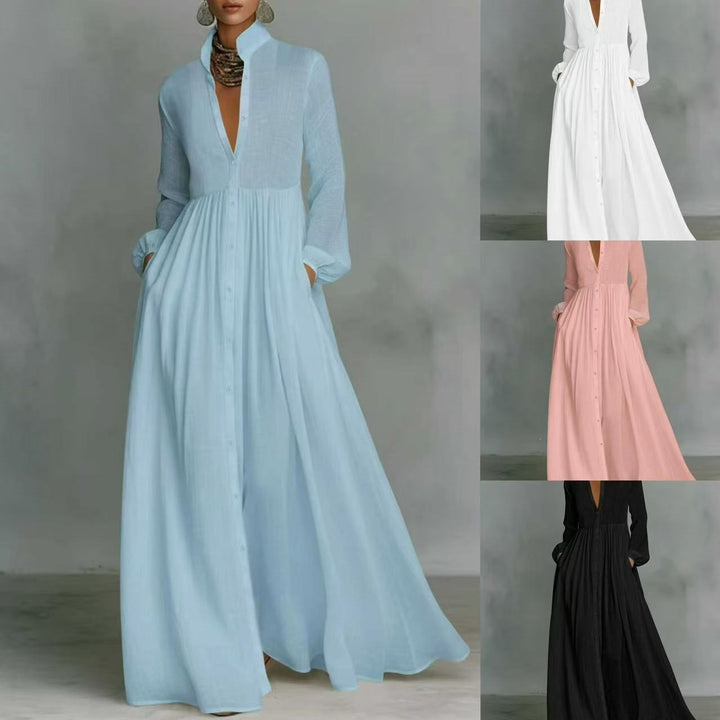 Ladies Maxidress with stand-up collar, continuous button placket, waist-high gathering and side pockets Mune Fashion