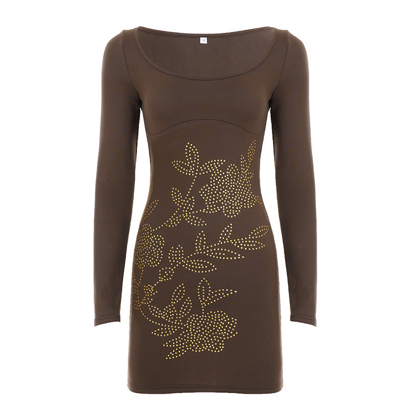 Women Figure-hugging Mini Dress with Long Sleeves and Floral Stud Application Mune Fashion