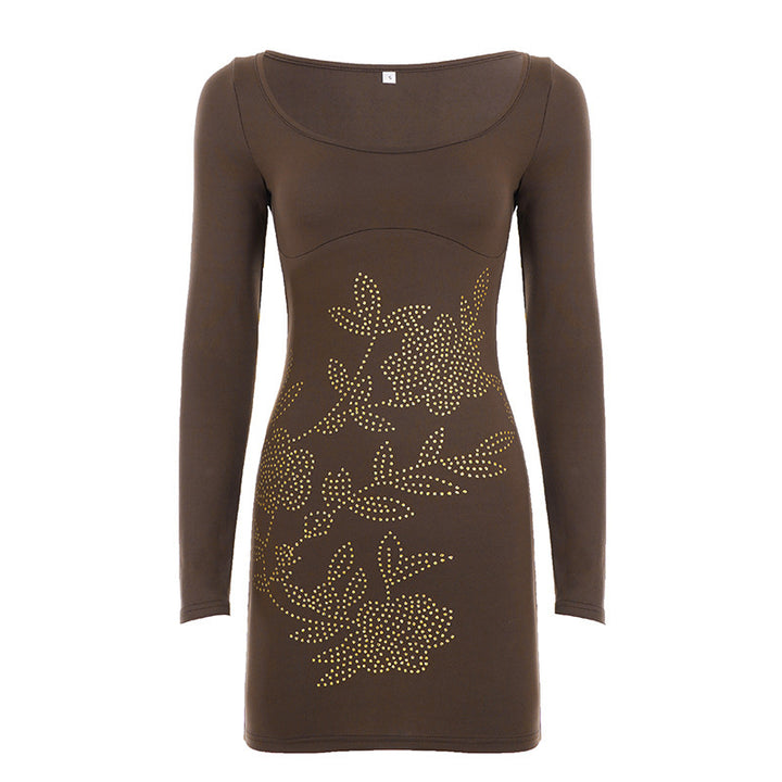Women Figure-hugging Mini Dress with Long Sleeves and Floral Stud Application Mune Fashion