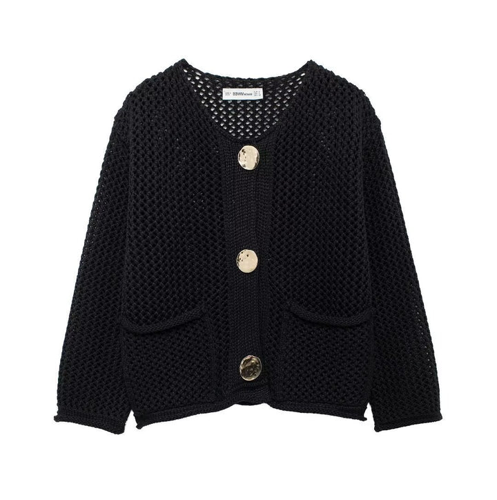 Women's cardigan with open mesh structure, decorative buttons and patch pockets Mune Fashion