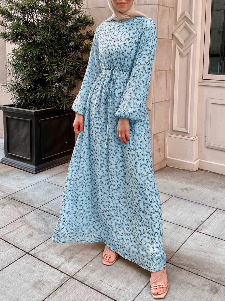 Women Floral Maxi Dress with Drawstring Waist and Balloon Sleeves Drune
