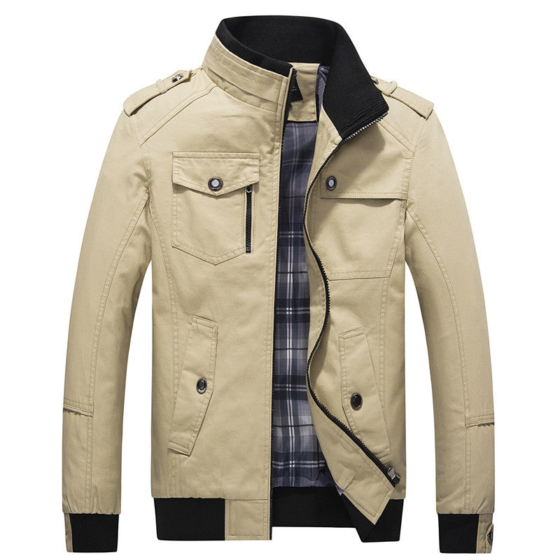 Men's transitional jacket in field style with stand-up collar, epaulettes, and checkered inner lining Mune Fashion