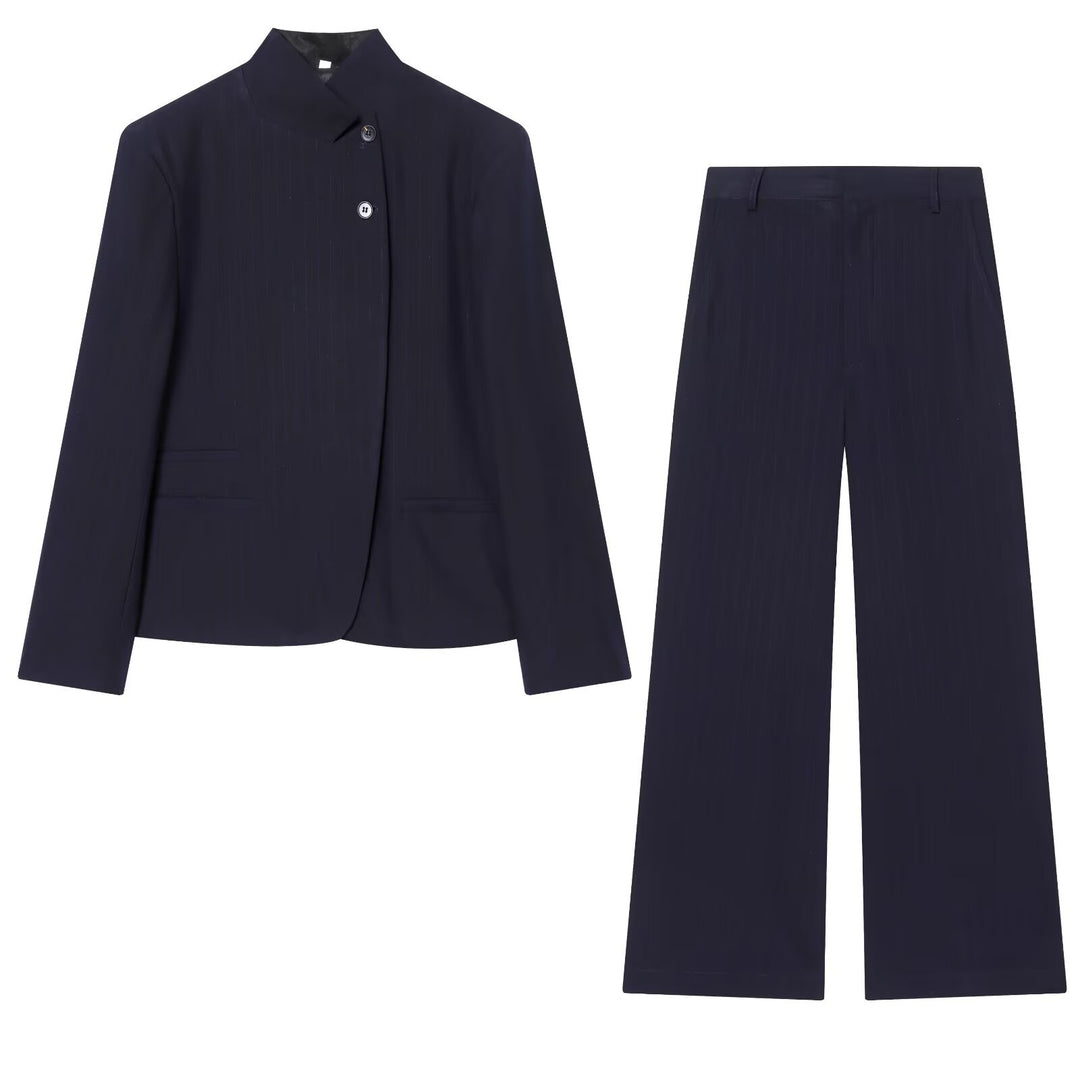 Women's Two-Piece Suit Set with Asymmetric Stand Collar Blazer and Wide Palazzo Pants Mune Fashion