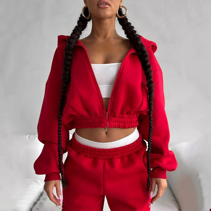 Women's Cropped-Zip-Hoodie with Balloon Sleeves and High-Cut Jogging Pants with Gathered Waistband Mune Fashion