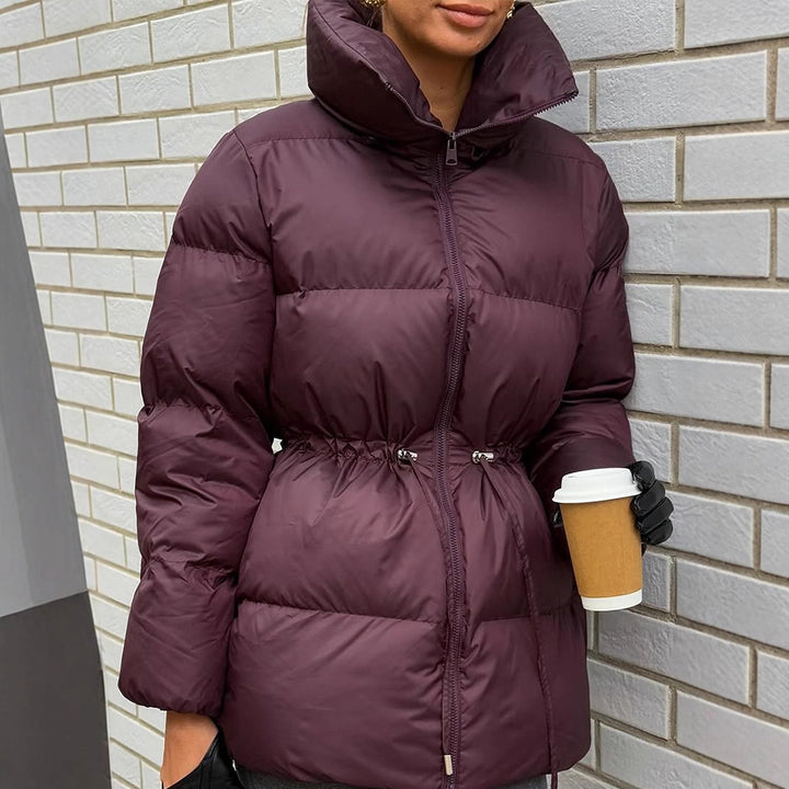 Women Padded Fitted Quilted Jacket with Drawstring & High Standing Collar Mune Fashion