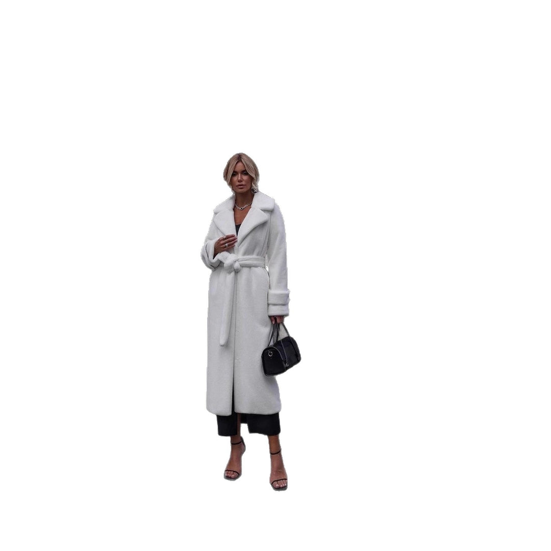 Women Elegant Maxi Wool Coat with Waist Belt, Wide Lapel and Roll-Up Cuffs Mune Fashion