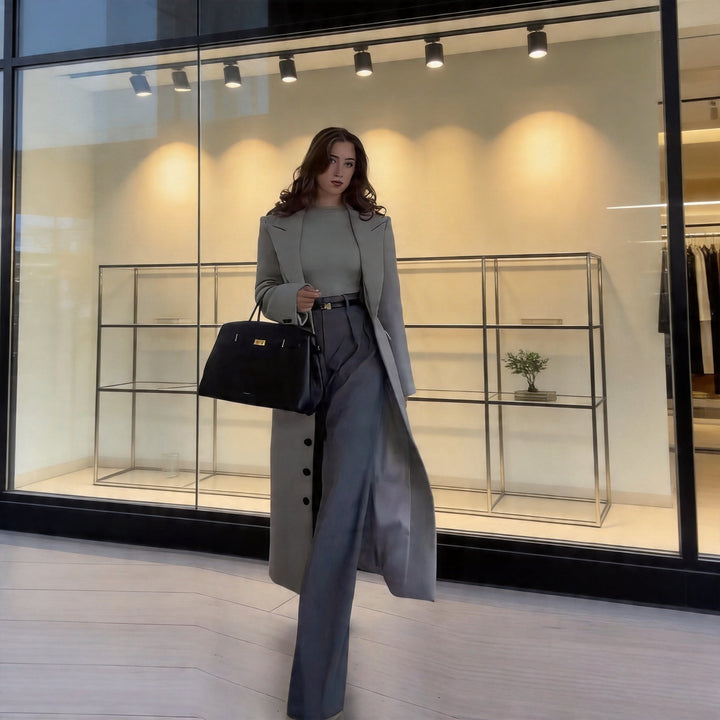 Women's longline coat made of wool blend with fitted silhouette, lapel collar and full button placket Mune Fashion