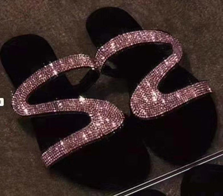 Ladies glitter sandal with curved rhinestone straps and padded comfort footbed Mune Fashion