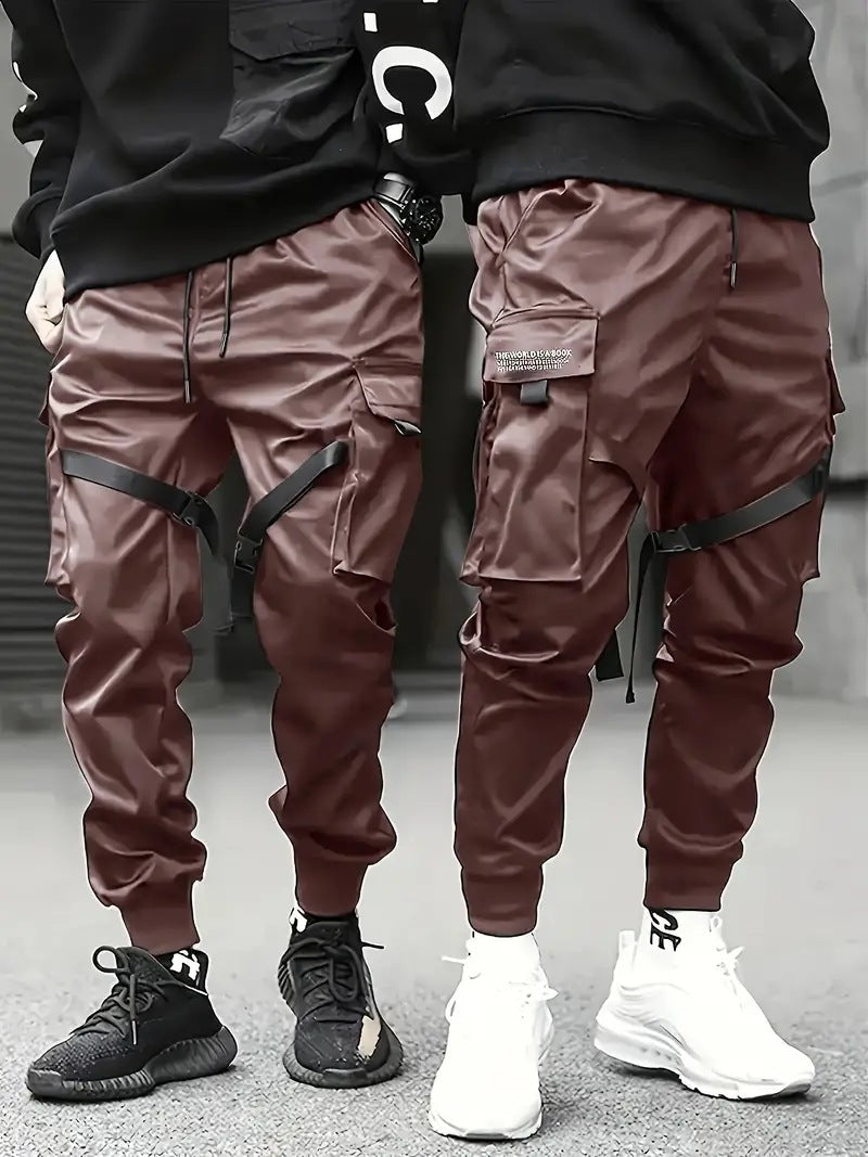 Men's Technical Cargo Jogging Pants with Multiple Pockets, Belt Straps & Elastic Cuffs Mune Fashion