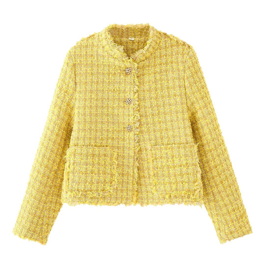 Ladies Bouclé-Tweed-Cropped-Jacket with Fringes and Decorative Buttons Mune Fashion