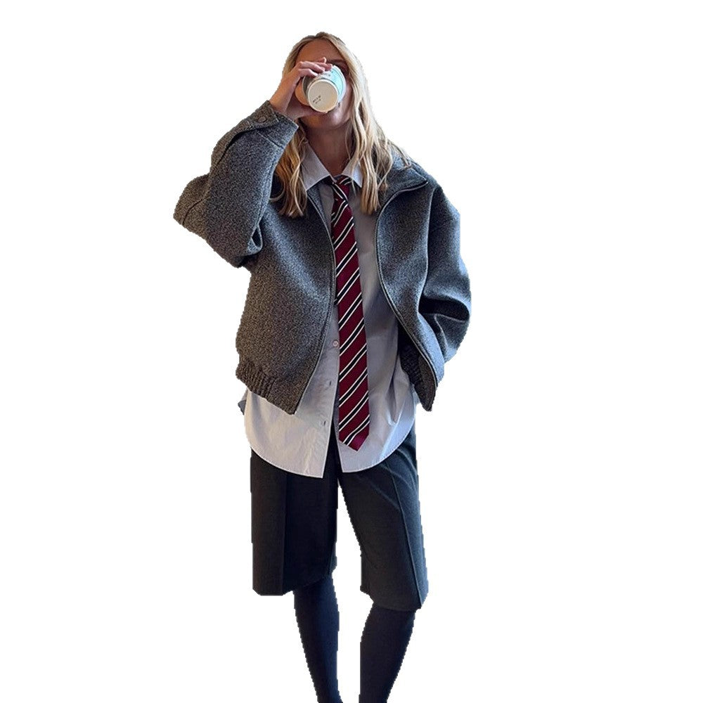Ladies short jacket in herringbone wool blend with zip and elastic hem Mune Fashion