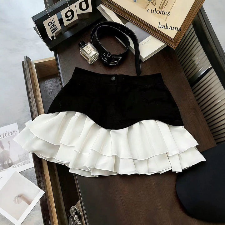 Women's mini skirt with high-waisted corset band and layered ruffles