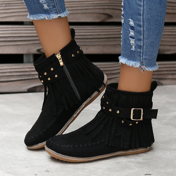 Ladies' ankle-high fringe boots in suede look with decorative buckle, decorative studs, and padded comfort insole Mune Fashion