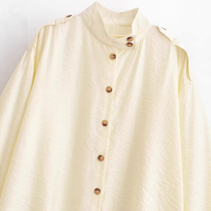 Women's Loose Silk-like Shirt with Stand Collar and Shoulder Straps Mune Fashion