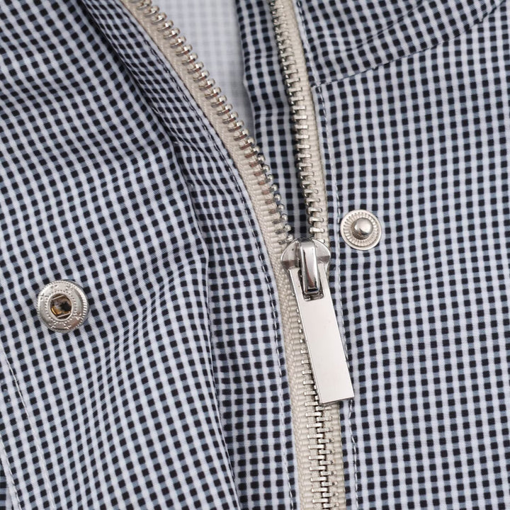 Women's Cropped Transitional Jacket with Stand-up Collar, Drawstring, and Fine Checkered Pattern