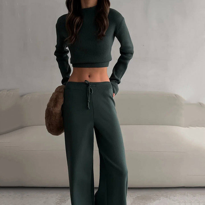 Women's Ribbed Cropped Loungewear Set with High-Waisted Drawstring Pants Mune Fashion