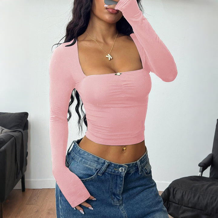 Women’s tailored long-sleeve cropped top with square neckline, figure-hugging fit and delicate decorative button detail Mune Fashion