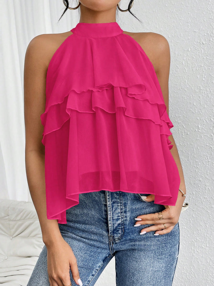 Women's Airy Chiffon Top with Stand Collar and Layered Ruffles Mune Fashion