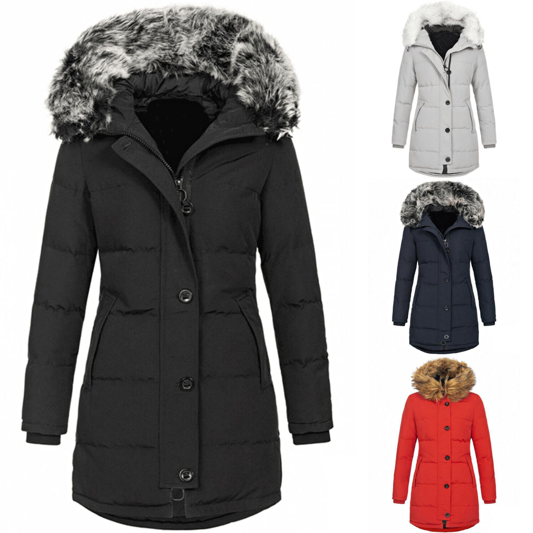 Women's thermo parka with fitted silhouette, button placket & removable faux fur hood Mune Fashion