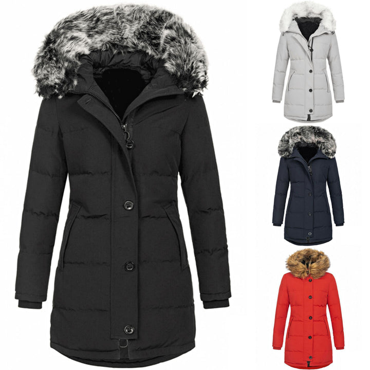 Women's thermo parka with fitted silhouette, button placket & removable faux fur hood Mune Fashion