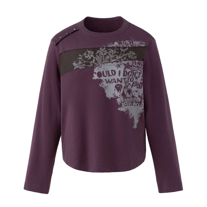 Women's Casual Sweatshirt with Studded Trim, Print Insert and Round Neckline Mune Fashion