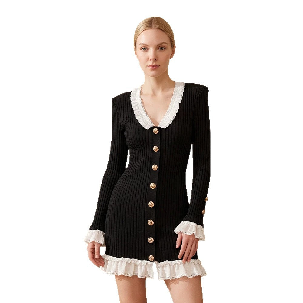 Women's Fitted Ribbed Mini Dress with V-Neck, Lace Trim, and Decorative Button Placket Mune Fashion