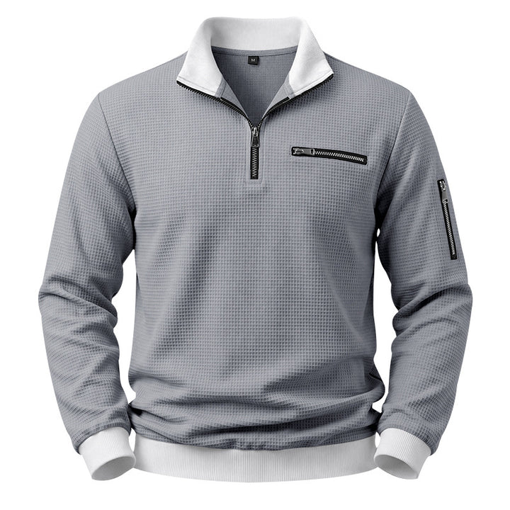 Men's Structured Waffle Sweater with Half-Zip and Zipper Pockets Mune Fashion