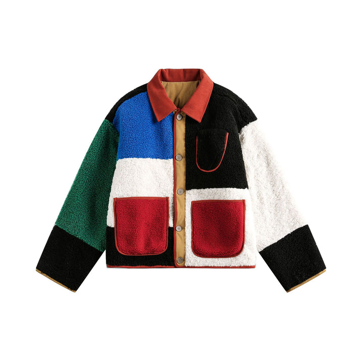 Unisex Boxy Patchwork Sherpa-Fleece Jacket with Cord Collar and Patch Pockets Mune Fashion