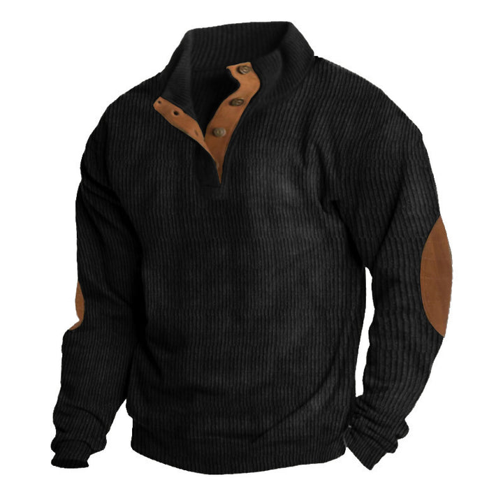 Men's ribbed knit pullover with stand-up collar, button placket and distinctive elbow patches Mune Fashion