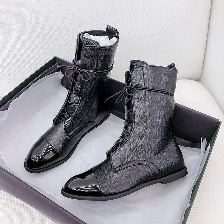 Women ankle-high lace-up boots with pointed toe design and textured leather look Mune Fashion