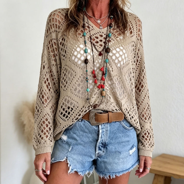Women’s chunky knit crochet jumper with open stitches and V-neck Mune Fashion